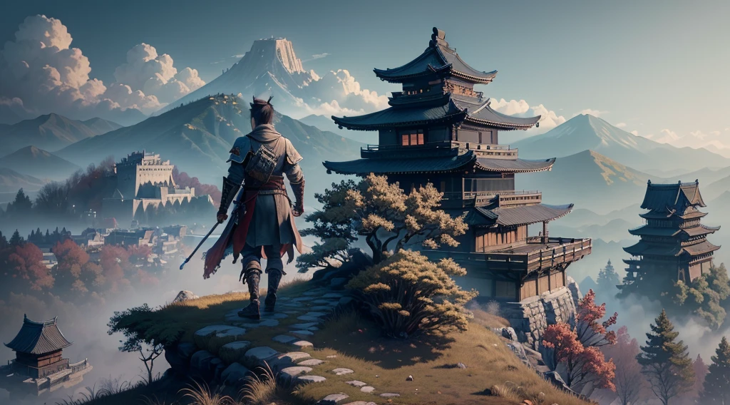 Masterpiece, best quality, (very detailed CG unit 8k wallpaper) (best quality), (best illustration), (best shadows) (male), sekiro on top of a cliff, looking at Ashina castle, feudal Japan, Ray tracing, sinister environment, ultra detailed, --v6