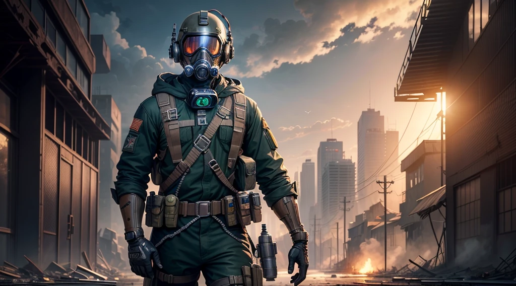 Masterpiece, best quality, (very detailed CG unit 8k wallpaper) (best quality), (best illustration), (best shadows) (male), sci-fi soldier with gas mask, bright eyes, in an abandoned city, ((horror)), Ray tracing, sinister environment, ultra detailed, --v6