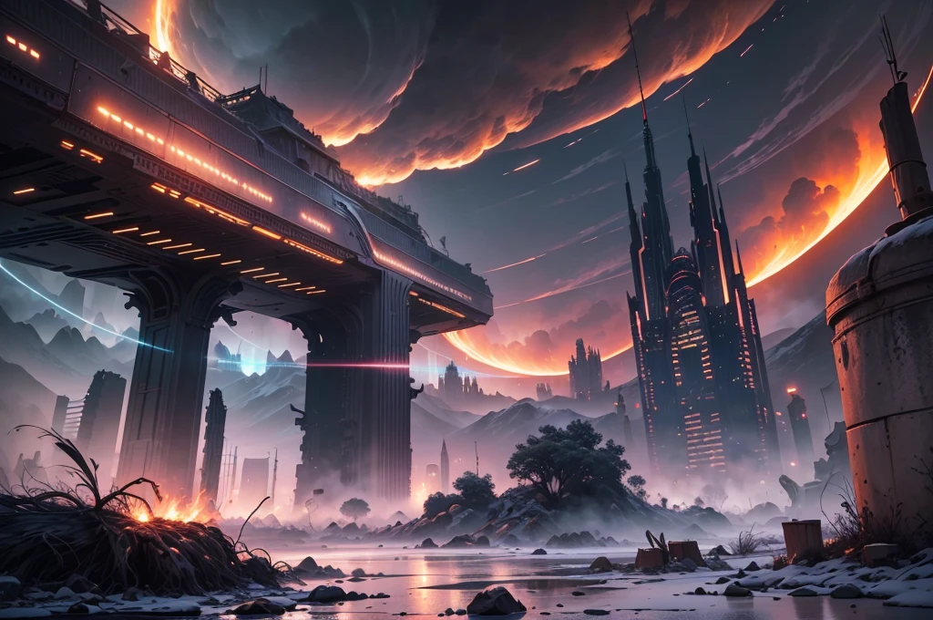 (very detailed CG unity 8k wallpaper), (masterpiece), (best quality: 1.2), (high resolution), (illustration: 1.1), (movie lights: 1.1), fine, intricate details, (best illustration), 8k resolution, intricate detail, best quality, realistic, ultra detailed, best lighting, best shadows, ultra hd, cryengine, ultra hd, (detailed reflections), detailed shadows , (((Complicated Details))), Smooth, ((Perfect Shadows)), High Quality Metallic, Metallic Shine, Highly Detailed Illustrations, (Semi-Realistic: 1.6), (Wide-Angle Lens: 1.2), Futuristic Cities, fire explosions in the distance, smoke rising from skyscrapers after a nuclear explosion, wet roads, puddles, (((Ghost Recon inspired))), street view, dynamic camera angles, (war zone), (((high quality Detailed ruins))), (depth of field), ((film lighting)), ((horror)), ((dark fantasy)), lovecraftian, spot color, flat, red, blood splatter, (best illumination), (hyper intricate details), ((ultra-detailed)), 4k unity, (extremely detailed CG:1.2 ), (8k:1.1), ((landscape)), Artstation, ((sui isida, Lin Wenjun, stefan morrell)), reverse utopian art, apocalyptic art, ((semi-realistic)), (realistic) , (dynamic), (nixeu_basic2:0.5),--v6