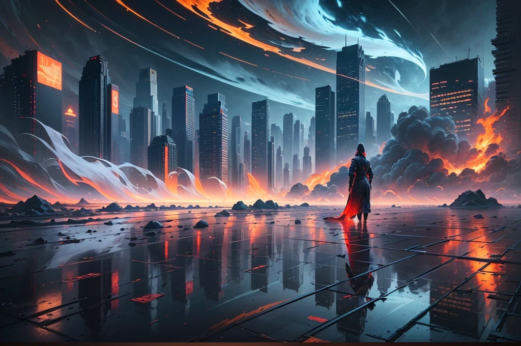 (Very detailed CG unified 8k wallpaper), (Masterpiece), (Best quality: 1.2), (High resolution), (Illustration: 1.1), (Cinema light: 1.1), Fine, Complex Detail, (Best Illustration), 8k resolution, Complex Detail, Best Quality, Real, Ultra detailed, Best lighting, Best shadows, Ultra HD, cryengine, Ultra HD, (Detailed reflections), Detailed shadows, (((Complex Details))), smooth, (( Perfect shadows)), high-quality metallic texture, metallic luster, highly detailed illustrations, (semi-realistic: 1.6), (wide-angle lens: 1.2), futuristic cities, distant fire explosions, smoke rising from skyscrapers after nuclear explosions, wet roads, puddles, sky red, moon red, (((ghost action inspired))), street view, dynamic camera angle, (((high-quality detailed ruins))), (depth of field), ((cinematic lighting)), ((horror)), (( Dark Fantasy)), lovecraftian, spot color, monotony, red, splattered blood, (best illumination), (hyper intricate details), (ultra-detailed), 4k unity, (extremely detailed CG: 1.2), (8k:1.1), ((landscape)), Artstation, ((sui ishida, Lin Wenjun, stefan morrell)), dystopian art, apocalypse art, ((semi-realism), (realism), (dynamic), (nixeu_basic2:0.5),--v6