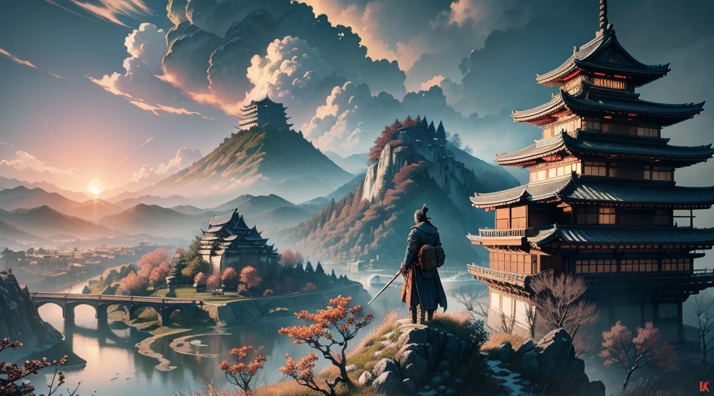 Masterpiece, best quality, (very detailed CG unit 8k wallpaper) (best quality), (best illustration), (best shadows) (male), sekiro on top of a cliff, looking at Ashina castle, feudal Japan, Ray tracing, sinister environment, ultra detailed, --v6