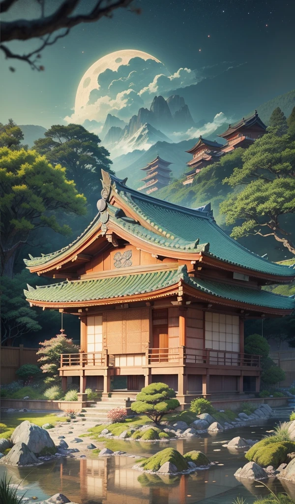((masterpiece)),((best quality)),((high detial)),((realistic,)) Traditional Japanese architecture, red scale tile roof, exquisite carvings, drizzle, moss-covered stone slabs, stream, Mountains, moonlight, soft light, mysterious and charming atmosphere, the style of the movie "Your Name", --v 6