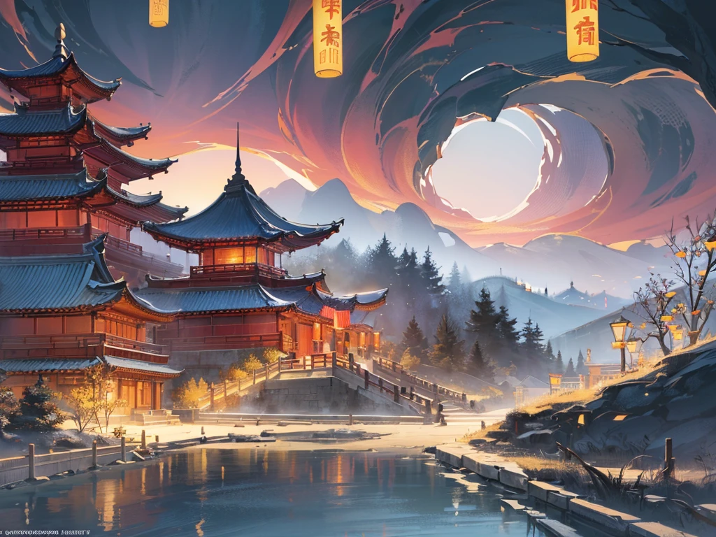 ( ( Top view, high angle view, Focal point composition) ) , Sunset Gradient, moonlit night, halo, beautiful play of shadow, light effects, (Autumn),(many raditional Chinese architecture on a floating island), there are many scattered buildings, waterfall, clouds, group of buildings, sky lanterns, high mountains, soft color, refreshing, beautiful, Chinese landscape painting, cinematic lighting, cinematic lighting, high detail, (close-up), (chiaroscuro),fine facial details,cinematic lighting, (depth of field), extreme details, realistic light, epic composition, (complex details), (super details: 1.2), Art Station, (Masterpiece, Best Quality, Ultra HD, 32k,--v6