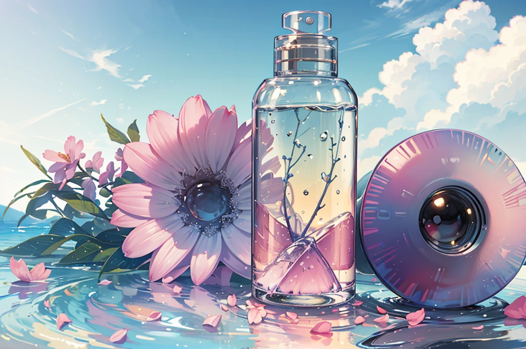 Super realistic scene, makeup bottle, surrounded by pink flowers wrapped around, blue sky background, water, sunlight, low perspective, blender, product rendering, HD 8K。--v6