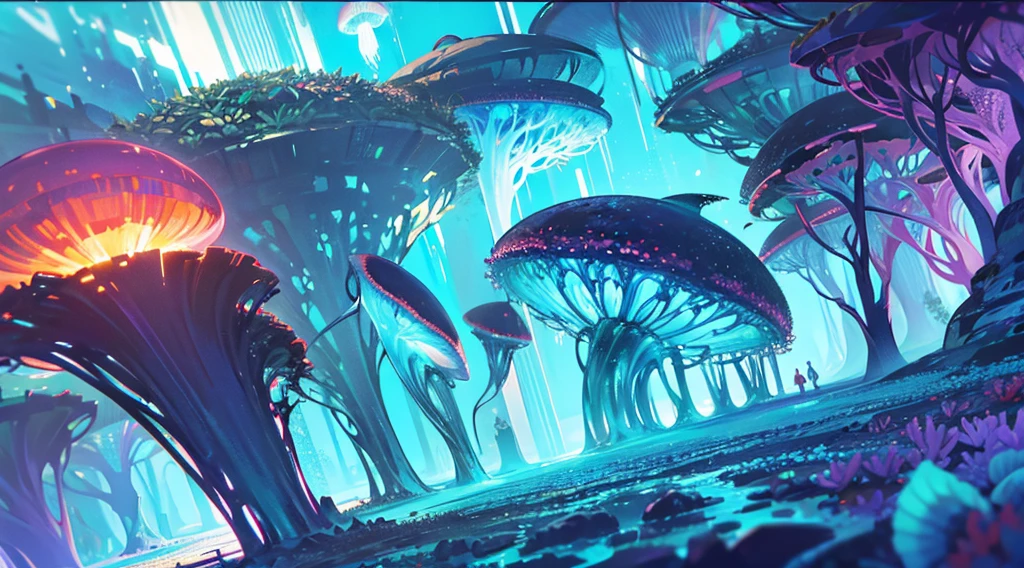 Masterpiece, High Quality, Ocean Forest, City, Fantastic Fantasy, Glowing Plants, Coral Viaduct, (Swarm of Glowing Jellyfish), (Shoal of Fish with Transparent Wings Flying in the Sky), Misty, Extreme Detail, Morning Light, Epic Composition, (Intricate Detail), (Intricate Design, Ultra Detail: 1.2), Art Station, (Masterpiece, Best Quality), Ultra HD, 32k --v 6