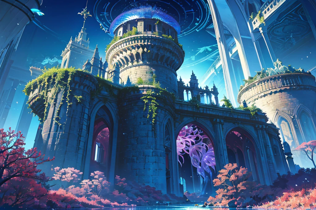 Masterpiece, High Quality, Ocean Forest, City, Fantastic Fantasy, Glowing Plants, Coral Viaduct, (Swarm of Glowing Jellyfish), (Shoal of Fish with Transparent Wings Flying in the Sky), Misty, Extreme Detail, Morning Light, Epic Composition, (Intricate Detail), (Intricate Design, Ultra Detail: 1.2), Art Station, (Masterpiece, Best Quality), Ultra HD, 32k ,castle,relic --v 6