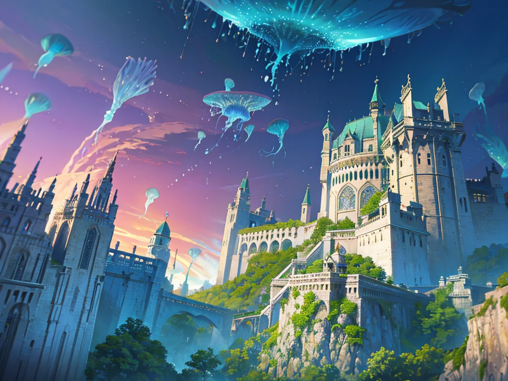 Masterpiece, High Quality, Ocean Forest, City, Fantastic Fantasy, Glowing Plants, Coral Viaduct, (Swarm of Glowing Jellyfish), (Shoal of Fish with Transparent Wings Flying in the Sky), Misty, Extreme Detail, Morning Light, Epic Composition, (Intricate Detail), (Intricate Design, Ultra Detail: 1.2), Art Station, (Masterpiece, Best Quality), Ultra HD, 32k ,castle,relic --v 6
