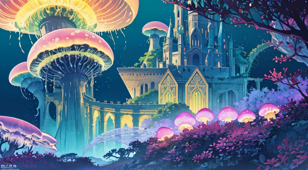 Masterpiece, High Quality, Ocean Forest, City, Fantastic Fantasy, Glowing Plants, Coral Viaduct, (Swarm of Glowing Jellyfish), (Shoal of Fish with Transparent Wings Flying in the Sky), Misty, Extreme Detail, Morning Light, Epic Composition, (Intricate Detail), (Intricate Design, Ultra Detail: 1.2), Art Station, (Masterpiece, Best Quality), Ultra HD, 32k ,castle,relic --v 6