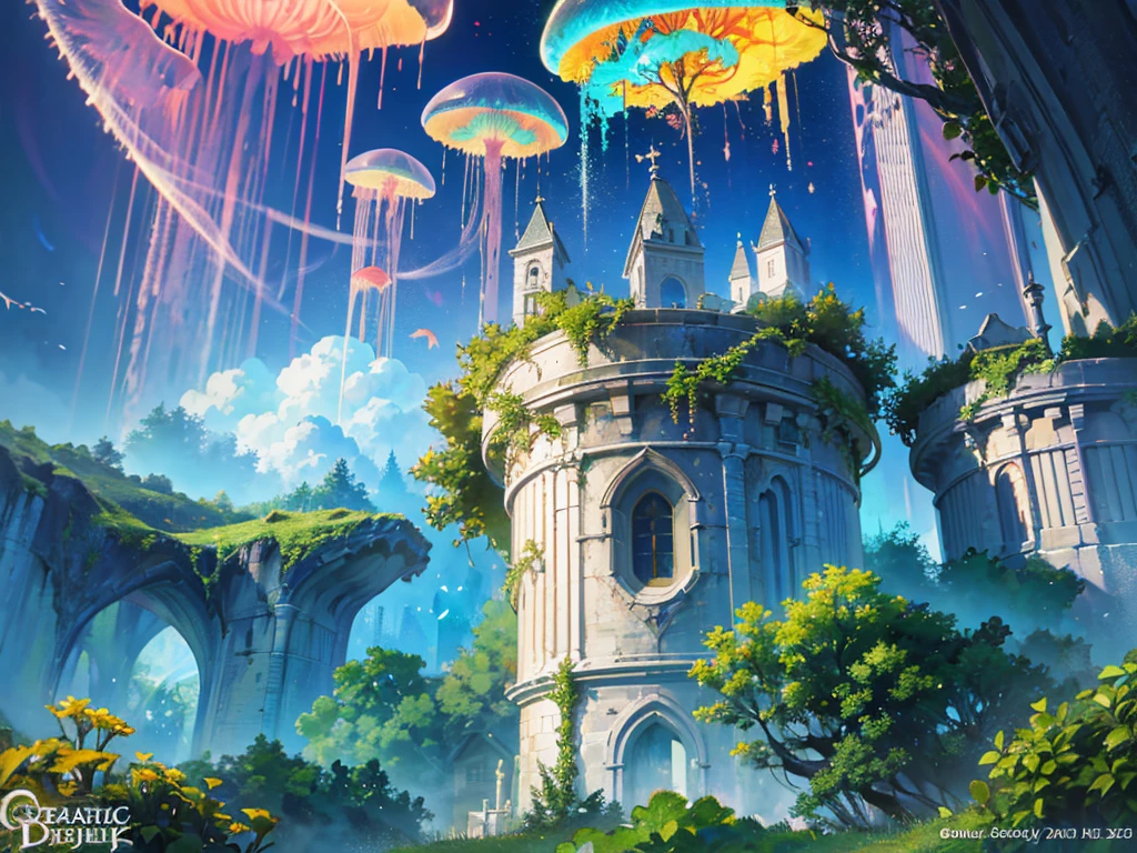 Masterpiece, High Quality, Ocean Forest, City, Fantastic Fantasy, Glowing Plants, Coral Viaduct, (Swarm of Glowing Jellyfish), (Shoal of Fish with Transparent Wings Flying in the Sky), Misty, Extreme Detail, Morning Light, Epic Composition, (Intricate Detail), (Intricate Design, Ultra Detail: 1.2), Art Station, (Masterpiece, Best Quality), Ultra HD, 32k ,castle,relic --v 6