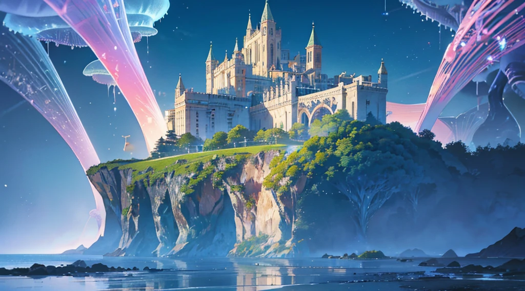 Masterpiece, High Quality, Ocean Forest, City, Fantastic Fantasy, Glowing Plants, Coral Viaduct, (Swarm of Glowing Jellyfish), (Shoal of Fish with Transparent Wings Flying in the Sky), Misty, Extreme Detail, Morning Light, Epic Composition, (Intricate Detail), (Intricate Design, Ultra Detail: 1.2), Art Station, (Masterpiece, Best Quality), Ultra HD, 32k ,castle,relic --v 6