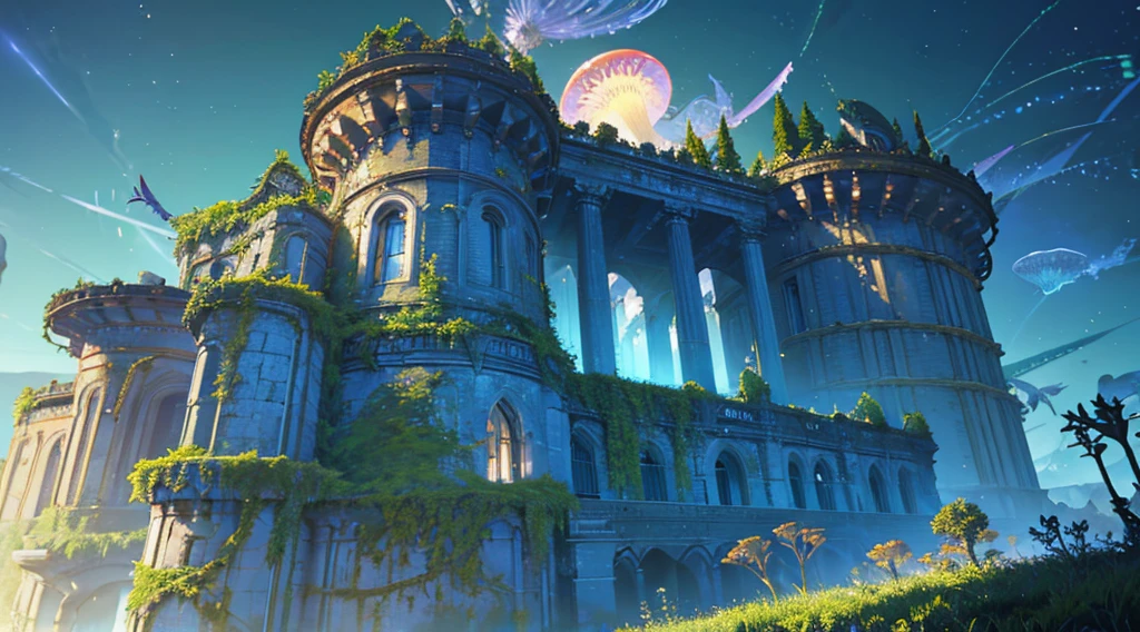 Masterpiece, High Quality, Ocean Forest, City, Fantastic Fantasy, Glowing Plants, Coral Viaduct, (Swarm of Glowing Jellyfish), (Shoal of Fish with Transparent Wings Flying in the Sky), Misty, Extreme Detail, Morning Light, Epic Composition, (Intricate Detail), (Intricate Design, Ultra Detail: 1.2), Art Station, (Masterpiece, Best Quality), Ultra HD, 32k ,castle,relic --v 6