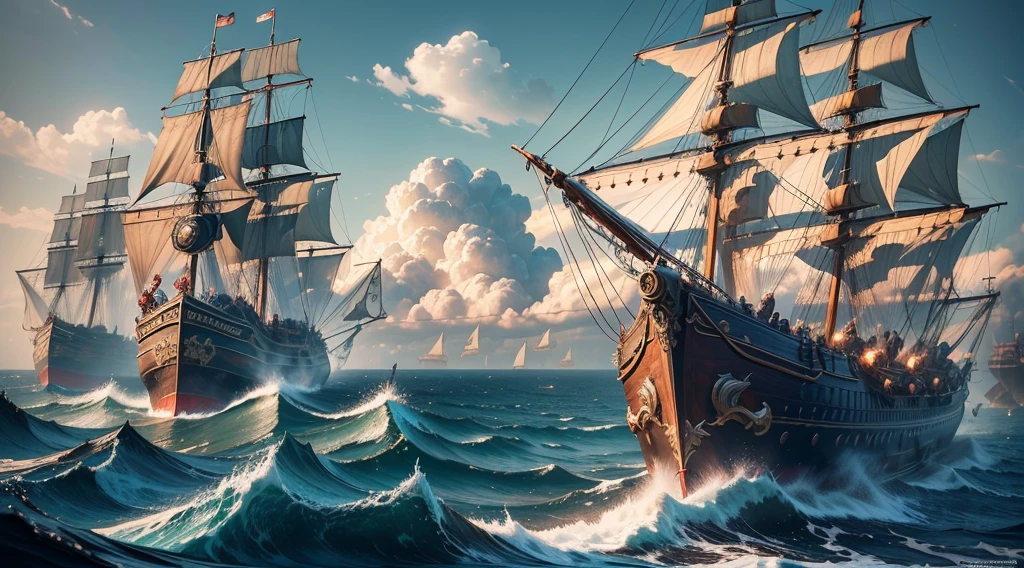Masterpiece, best quality, (very detailed CG unit 8k wallpaper) (best quality), (best illustration), (best shadows) battle pirate ships shooting with cannons, inspired by assassins creed black flag, pirates, year 1800, ray tracing, sinister environment, ultra detailed, --v6
