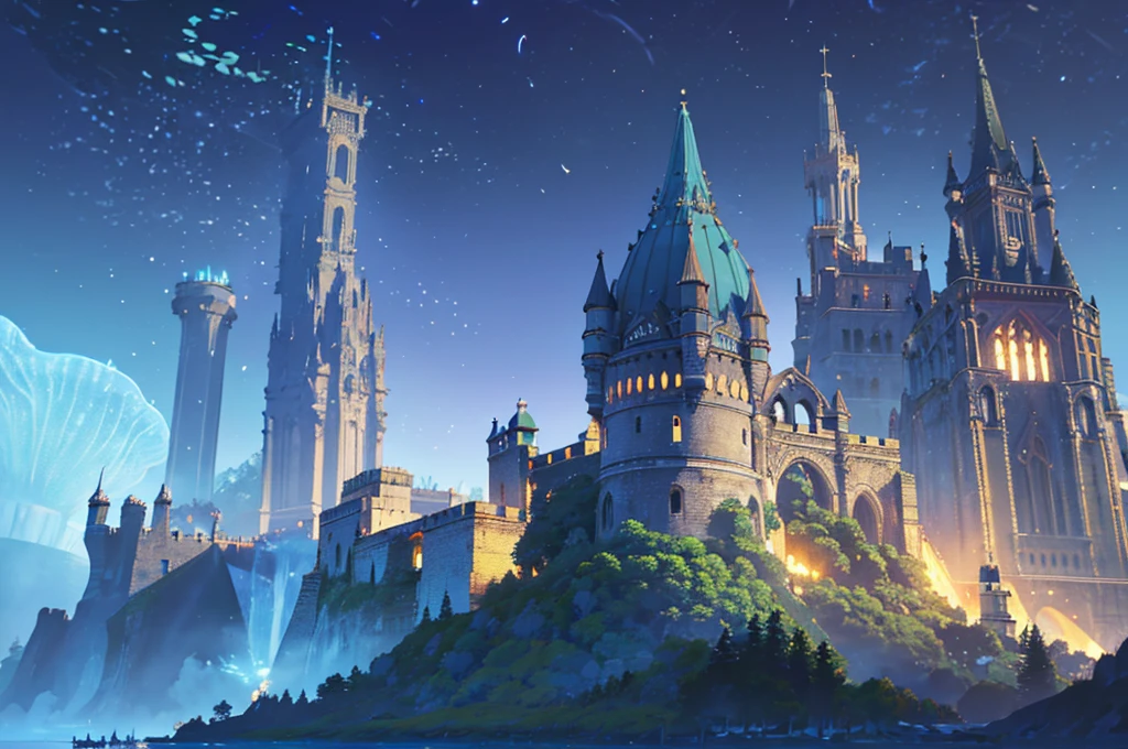 Masterpiece, High Quality, Ocean Forest, City, Fantastic Fantasy, Glowing Plants, Coral Viaduct, (Swarm of Glowing Jellyfish), (Shoal of Fish with Transparent Wings Flying in the Sky), Misty, Extreme Detail, Morning Light, Epic Composition, (Intricate Detail), (Intricate Design, Ultra Detail: 1.2), Art Station, (Masterpiece, Best Quality), Ultra HD, 32k ,castle,relic --v 6