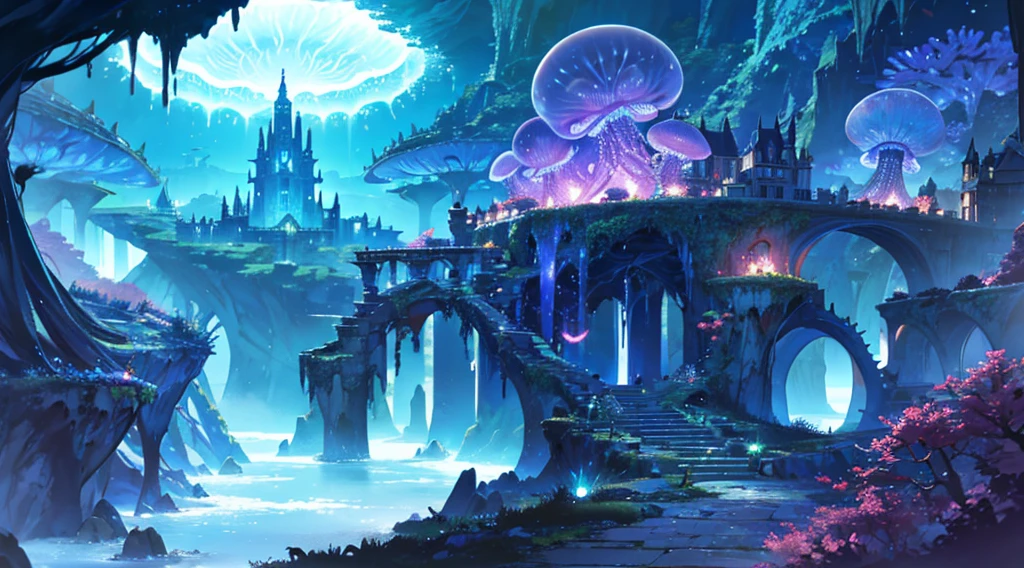 Masterpiece, High Quality, Ocean Forest, City, Fantastic Fantasy, Glowing Plants, Coral Viaduct, (Swarm of Glowing Jellyfish), (Shoal of Fish with Transparent Wings Flying in the Sky), Misty, Extreme Detail, Morning Light, Epic Composition, (Intricate Detail), (Intricate Design, Ultra Detail: 1.2), Art Station, (Masterpiece, Best Quality), Ultra HD, 32k ,castle,relic ,(Underworld),Underground --v 6