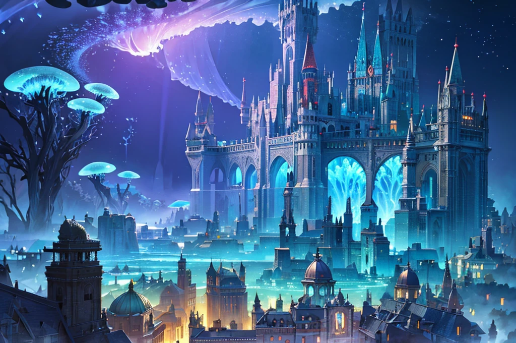 Masterpiece, High Quality, Ocean Forest, City, Fantastic Fantasy, Glowing Plants, Coral Viaduct, (Swarm of Glowing Jellyfish), (Shoal of Fish with Transparent Wings Flying in the Sky), Misty, Extreme Detail, Morning Light, Epic Composition, (Intricate Detail), (Intricate Design, Ultra Detail: 1.2), Art Station, (Masterpiece, Best Quality), Ultra HD, 32k ,castle,relic ,(Underworld),Underground --v 6