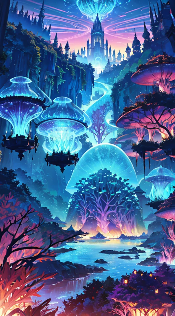 Masterpiece, High Quality, Ocean Forest, City, Fantastic Fantasy, Glowing Plants, Coral Viaduct, (Swarm of Glowing Jellyfish), (Shoal of Fish with Transparent Wings Flying in the Sky), Misty, Extreme Detail, Morning Light, Epic Composition, (Intricate Detail), (Intricate Design, Ultra Detail: 1.2), Art Station, (Masterpiece, Best Quality), Ultra HD, 32k ,castle,relic ,(Underworld),Underground --v 6