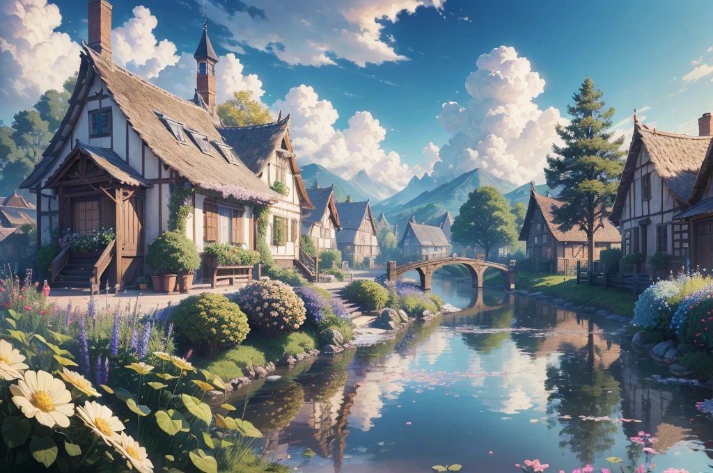 Masterpiece, best quality, (very detailed CG unity 8k wallpaper) (best quality), (best illustration), anime, village, flowers, blue sky, --v6
