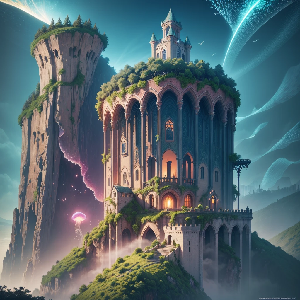 Masterpiece, High Quality, Ocean Forest, City, Fantastic Fantasy, Glowing Plants, Coral Viaduct, (Swarm of Glowing Jellyfish), (Shoal of Fish with Transparent Wings Flying in the Sky), Misty, Extreme Detail, Morning Light, Epic Composition, (Intricate Detail), (Intricate Design, Ultra Detail: 1.2), Art Station, (Masterpiece, Best Quality), Ultra HD, 32k ,castle,relic --v 6