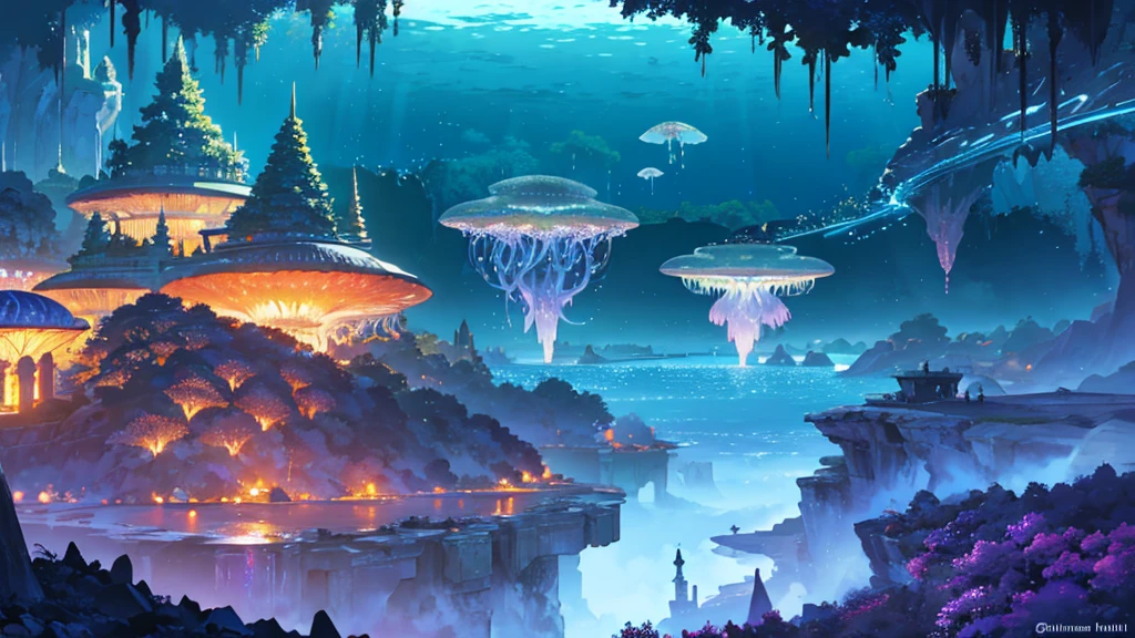 Masterpiece, High Quality, Ocean Forest, City, Fantastic Fantasy, Glowing Plants, Coral Viaduct, (Swarm of Glowing Jellyfish), (Shoal of Fish with Transparent Wings Flying in the Sky), Misty, Extreme Detail, Morning Light, Epic Composition, (Intricate Detail), (Intricate Design, Ultra Detail: 1.2), Art Station, (Masterpiece, Best Quality), Ultra HD, 32k ,castle,relic --v 6