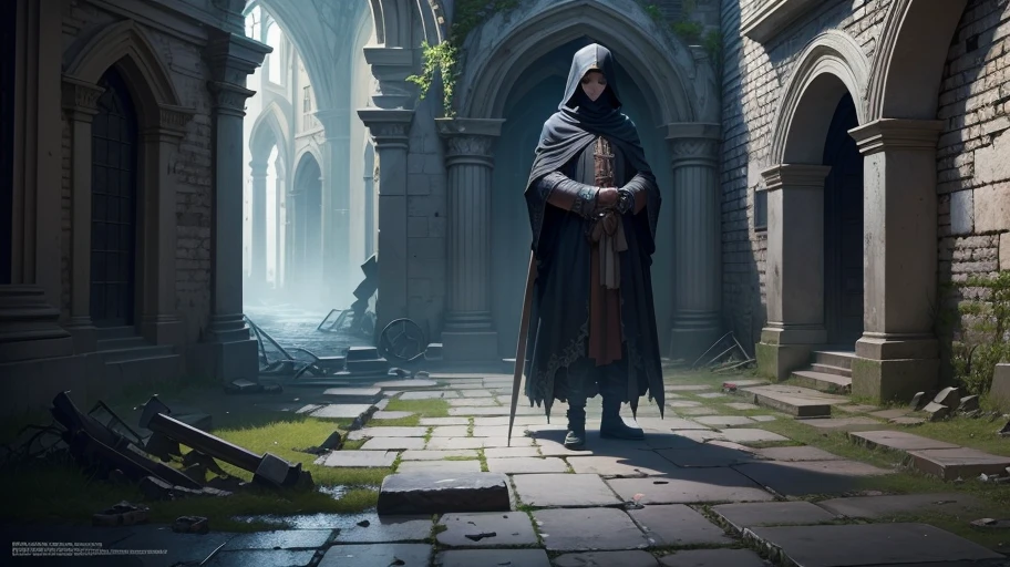 Masterpiece, best quality, (very detailed CG unit 8k wallpaper) (best quality), (best illustration), (best shadows) a shadowy being with black robe covering face, pale skin, skeletal hands, in an abandoned medieval city, ruins by the streets, medieval, morbid environment, morbid appearance, chains, mystical, sinister, macabre, Ray tracing, sinister environment, ultra detailed, --v6