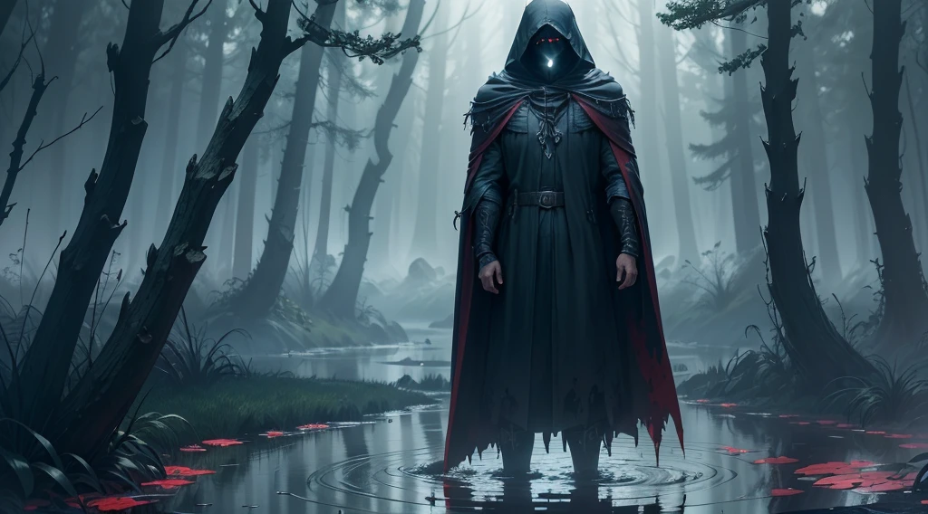 Masterpiece, better quality, (very detailed CG unit 8k wallpaper) (best quality), (best illustration), (upper body), (best shadows) In a gloomy swamp, a hooded figure wears a bloodied robe, while a dense mist surrounds the area, obscuring the view and creating a sinister atmosphere. Ray tracing, sinister environment, ultra detailed, --v6