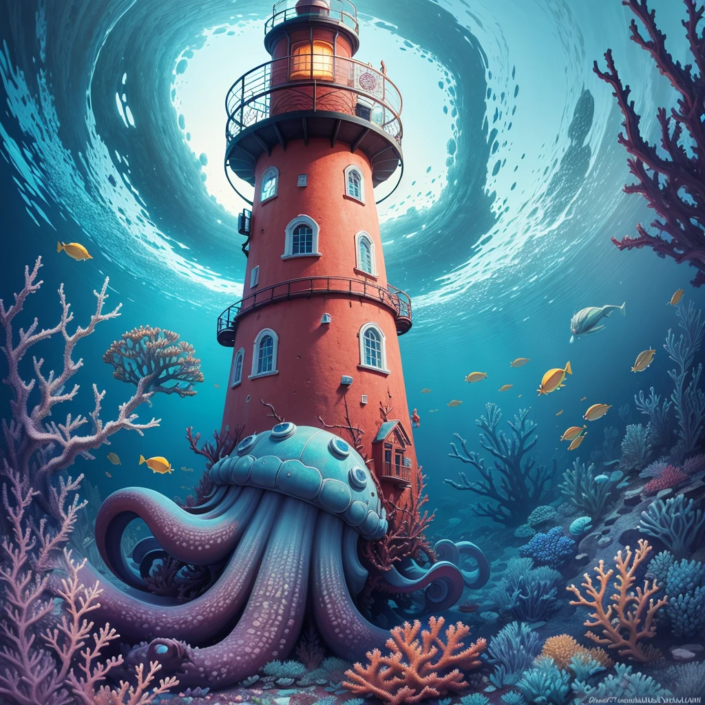 Ultra-Detailed, Digital Art
Coastal, (underwater:1.2), colourful,
Lighthouse, (old:1.2), (made of rock:1.2), (coral reef:1.2), (sea life:1.1),
Giant octopus hugging lighthouse, (cute:1.2),
Armor, (Large Detailed Pauldrons:1.2), Shoulder --v 6