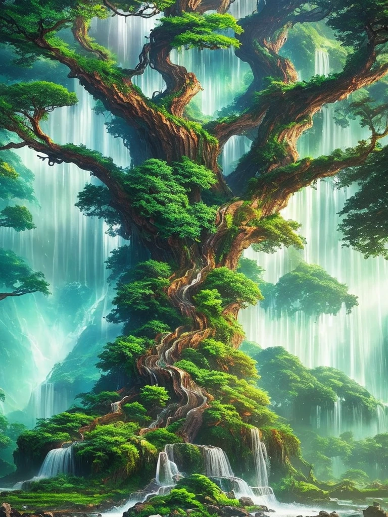 A Tree with Waterfall, Beeple's Concept Art, Artstation Contest Winner, Fantasy Art, Fantasy Tree, Magic Tree, yggdrasil, Tree of Life, World Tree, Great Magic Tree, Magic Tree, Fantasy Magic Vegetation, Tree of Life, Detailed Fantasy Digital Art, Cosmic Tree of Life --v 6