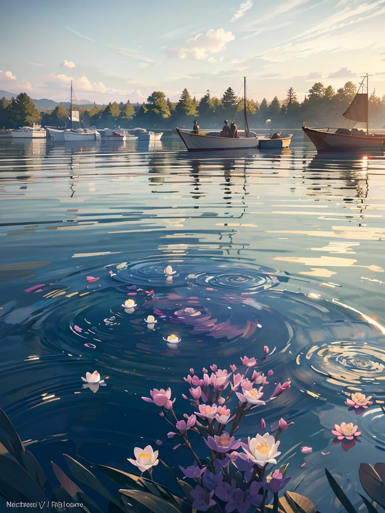 Wallpaper, summer pond, pond, boats, afternoon sun, pond background, depth of field, hot weather, high definition detail, wet watermark, ultra detail, film, surrealism, soft light, deep field focus bokeh, ray tracing, diffuse (ultrafine glass reflections) and surrealism. --v6