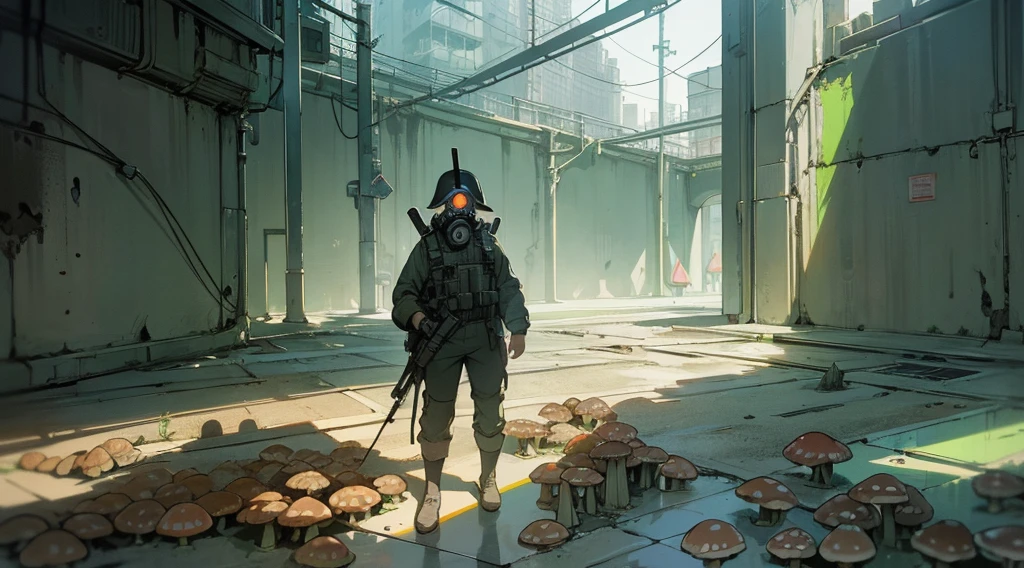 Masterpiece, best quality, (very detailed CG unit 8k wallpaper) (best quality), (best illustration), (upper body), (best shadows) a man with gas mask exploring a radioactive city, radioactive remains on the floor, fungi on the walls, mushrooms on the floor, Ray tracing, ultra detailed, --v6