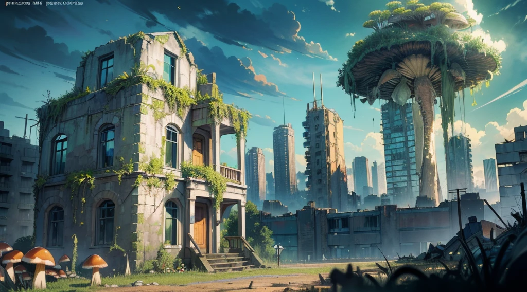 Masterpiece, best quality, (very detailed CG unit 8k wallpaper) (best quality), (best illustration), (upper body), (best shadows) a man with gas mask exploring a radioactive city, radioactive remains on the ground, fungi in houses, greenish sky, deformed clouds, small mushrooms on the ground, ruins, ultra detailed, --v6