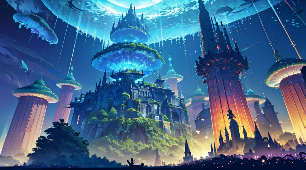 Masterpiece, High Quality, Ocean Forest, City, Fantastic Fantasy, Glowing Plants, Coral Viaduct, (Swarm of Glowing Jellyfish), (Shoal of Fish with Transparent Wings Flying in the Sky), Misty, Extreme Detail, Morning Light, Epic Composition, (Intricate Detail), (Intricate Design, Ultra Detail: 1.2), Art Station, (Masterpiece, Best Quality), Ultra HD, 32k ,castle,relic --v 6