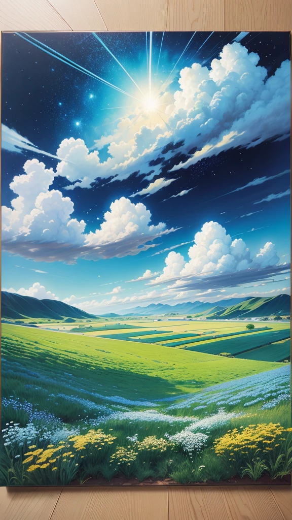Realistic, real, beautiful Stunning landscape oil painting Miyazaki Hayao Petals Grassland Blue sky and white clouds Starry sky Grassland --v6