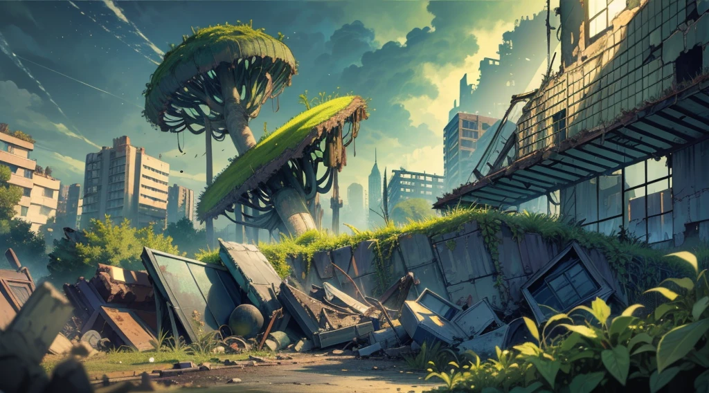Masterpiece, best quality, (very detailed CG unit 8k wallpaper) , (best shadows) a man, with hazmat suit, gas mask, exploring a radioactive city in ruins, radioactive remains on the ground, fungi, root growth, dramatic, dark, green sky, apocalyptic powders, ruins, ultra detailed, --v6