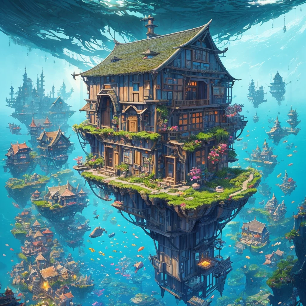 (Fantasy: 1.2), Color (Hayao Miyazaki style), (irregular building floating in the sea), patchwork cottages, flower decorations, lights, concept art inspired by Andreas Rocha, Artstation contest winner, Fantasy art, (underwater city), ross tran, light shafts, realistic lighting, masterpiece, high quality, beautiful graphics, high detail, masterpiece, high quality, beautiful graphics, high detail, --v6