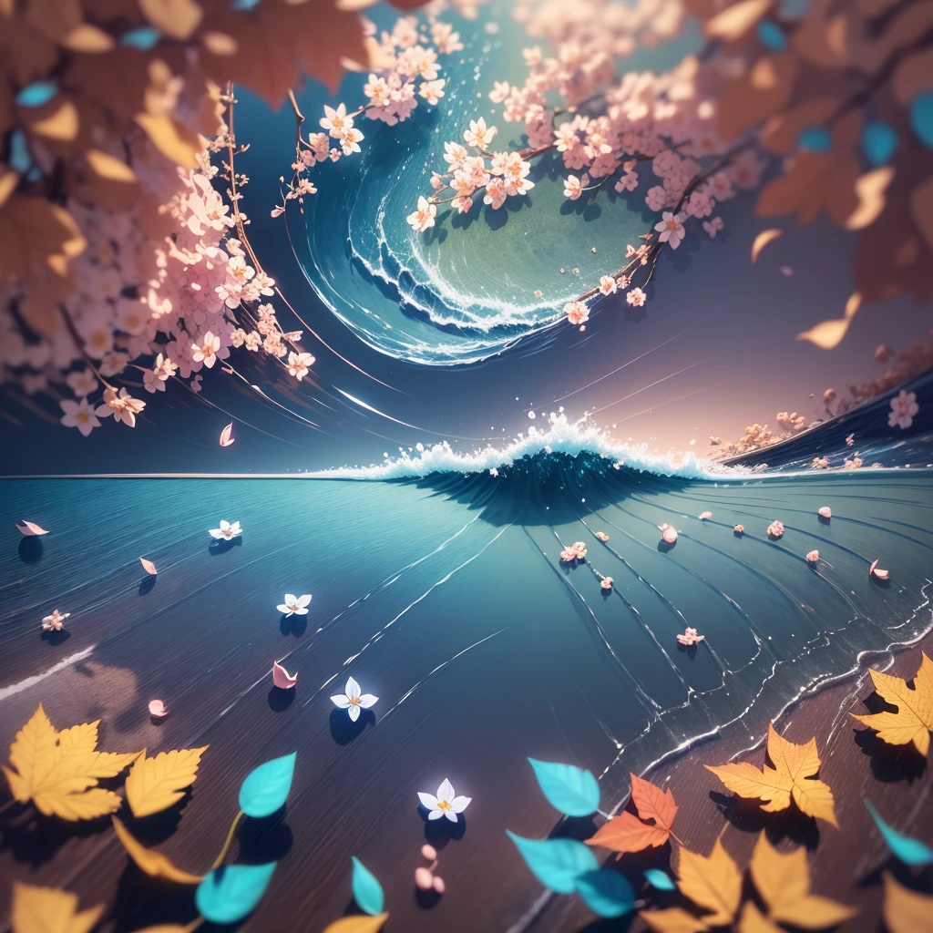 Masterpiece, best quality, (very detailed CG unity 8k wallpaper) (best quality), (best illustration), (best shadows) Nature', blue sea,delicate leaves petals of various colors falling in the air light Tracking, super detailed --v6