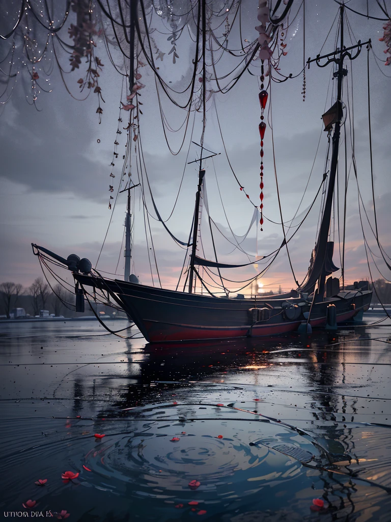 Wallpaper, winter pond, blood pond, boats, afternoon sun, pond background, depth of field, gloomy weather, high definition detail, wet watermark, ultra detail, film, surrealism, dark light, bokeh deep field focus, ray tracing, diffuse (ultra thin glass reflections) and surrealism. --v6
