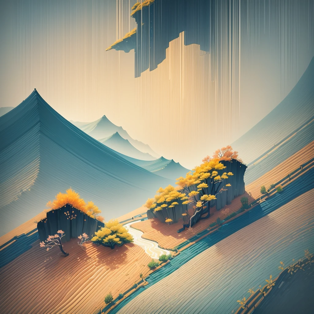 (Chinese landscape), abstract painting, (Zen, Amysol style), (summer), (light rain, apricot blossoms, mountain streams, fresh breeze), light abstract cover art, simple vector art, Chinese contemporary art, color gradient, pastel color palette, layered forms, whimsical animation, style ethereal abstraction, 4K, --v6
