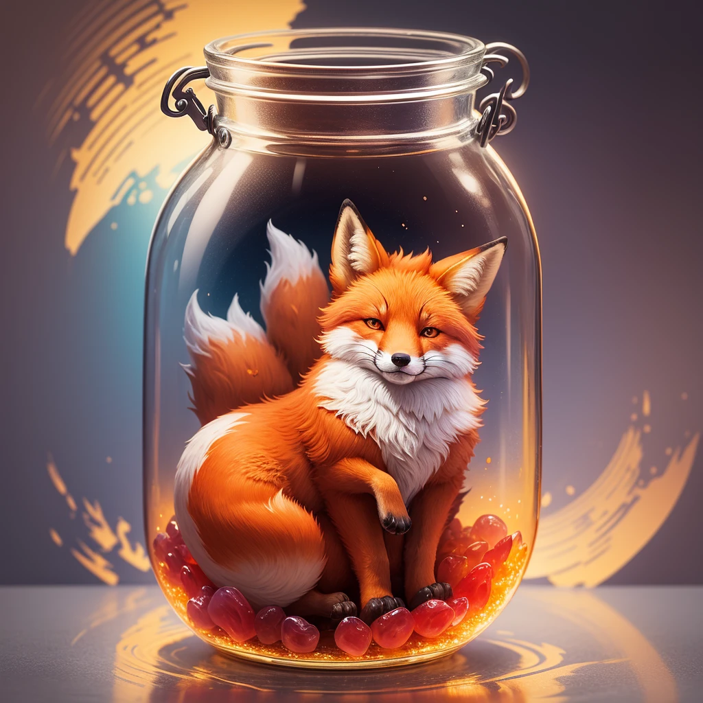 an open glass jar of jelly, a fox floating, tail sticking out of the pot, high quality, oversaturated, 32 --v 6