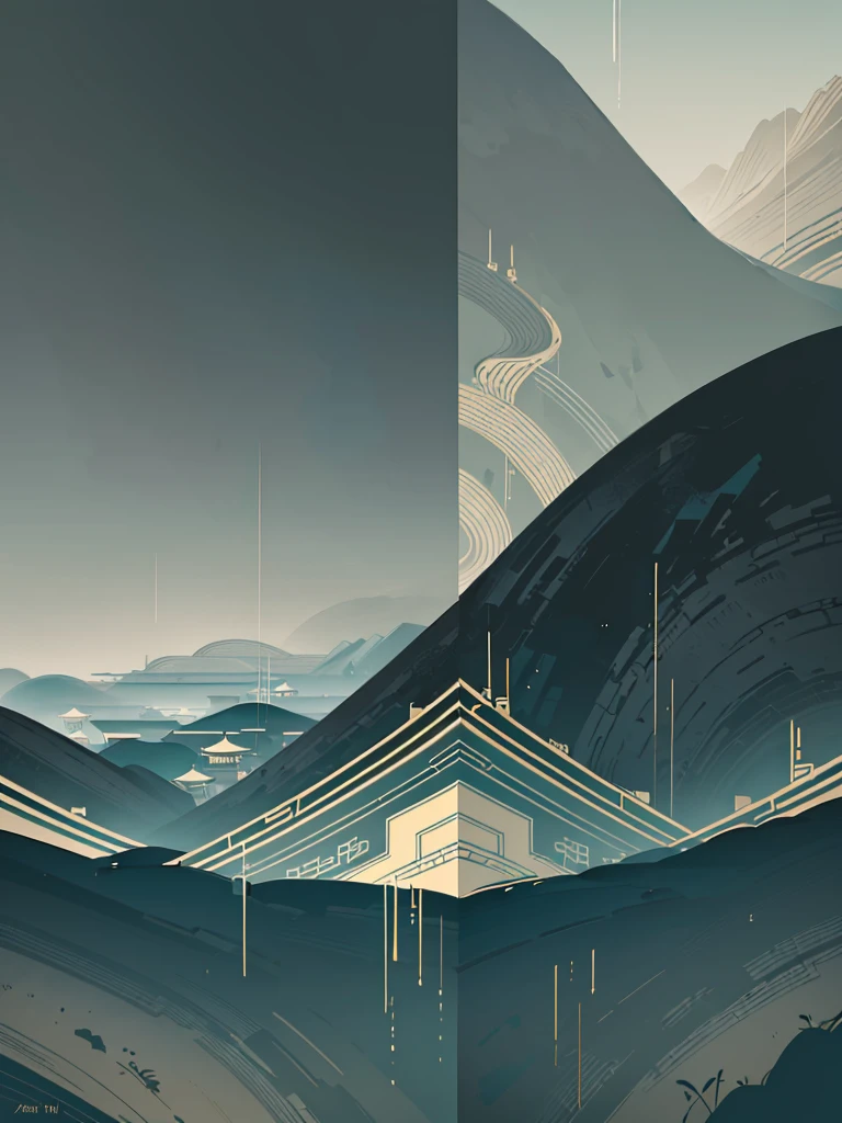 (Chinese landscape), abstract painting, (Zen, Amy Sol style), (rainy days, rain, terraces, mountains), cover art with light abstraction, simple vector art, contemporary Chinese art, color gradients, soft color palettes, layered forms, whimsical animation, style Ethereal abstract, 4K, --v6
