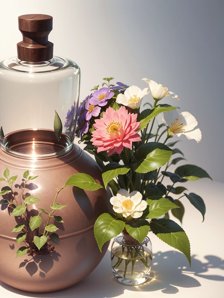 Product photography of a perfume bottle arranged with plants and flowers, realistic, light background, realistic rendering --v 6