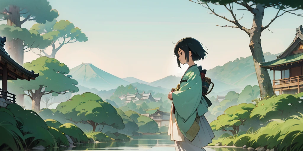 (Japanese Landscape), (Hayao Miyazaki Style), (Japanese Manga, Scenery Photo, Tranquil Video), (Little Girl, Country Road, Ancient Japanese Architecture), Gradient Color, Soft Palette, Layered Sense, Ethereal style, mobile wallpaper, 8k, UHD, 4K, --v6