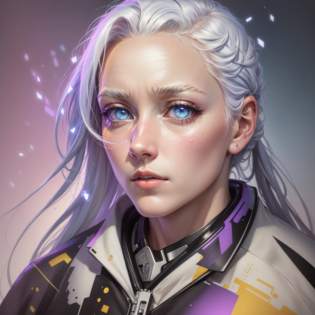 (8k, RAW photo, photorealistic:1.25) , Masterpiece, best quality, 8k, UHD, painting, beautiful eyes and detailed face, illustration, beautiful detail, high resolution illustration, glowing_white_particles, 1girl, white hair, lilac eyes, short side tail,, deadpan, cyberpunk, tech suit, (Impressionist: 1.4), Vincent van Gogh --v 6
