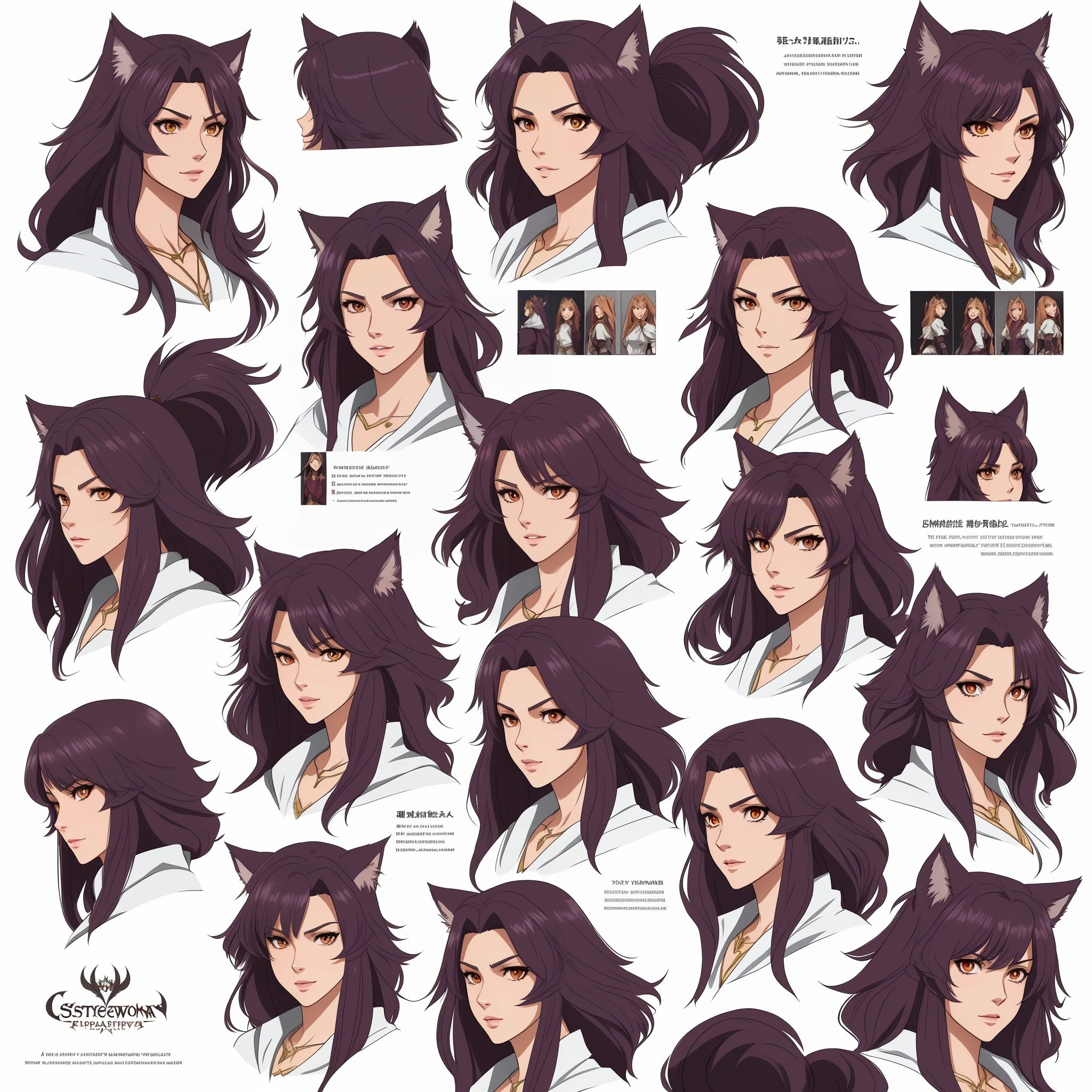 A female werewolf, model sheet, cheerful facial features, various angles, full body, anime style, Castlevania anime style from netflix.