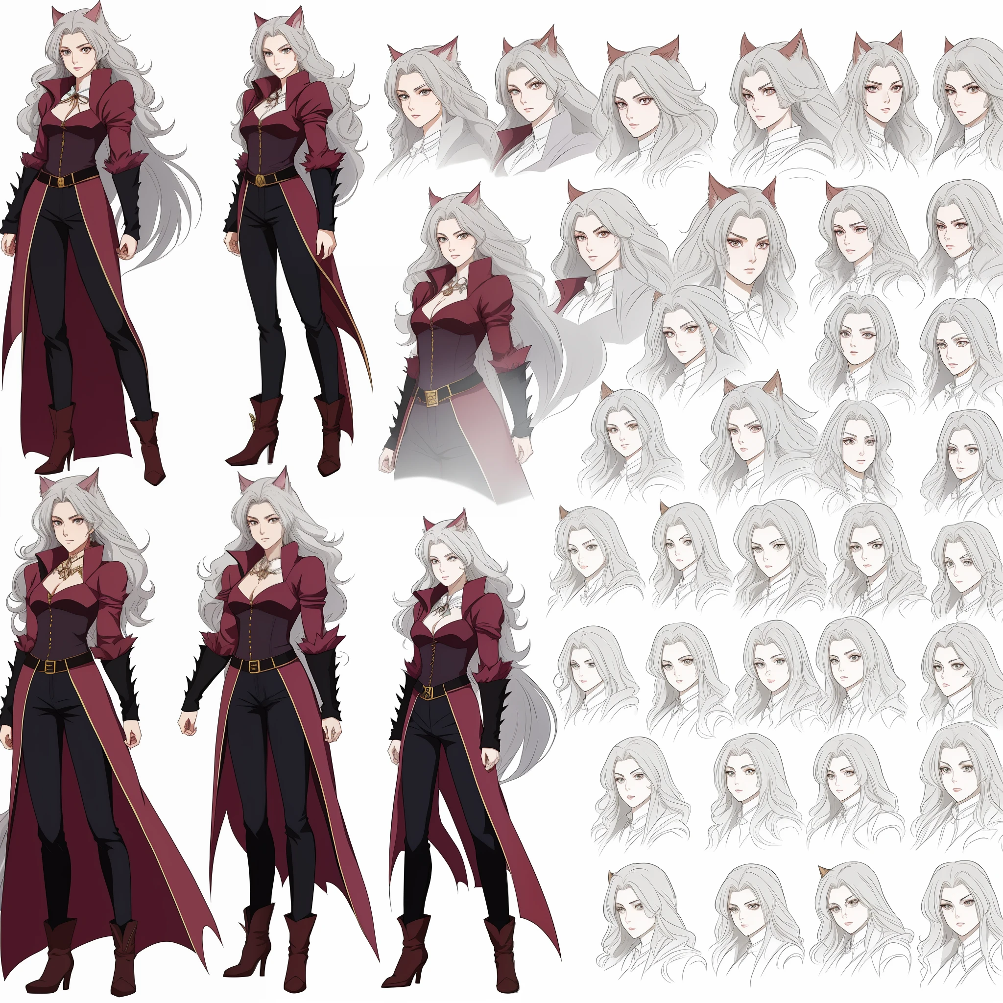 A female werewolf, model sheet, cheerful facial features, various angles, full body, anime style, Castlevania anime style from netflix.