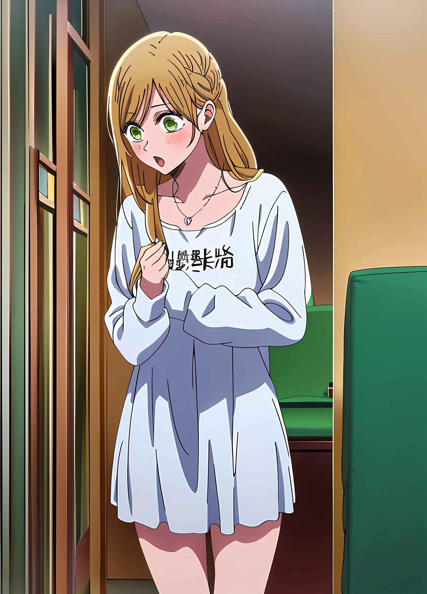 masterpiece, best quality, kinoshitaakane, 1girl, female college student, happy, beautiful shirt, inroom, akane kinoshita, mini skirt, cute