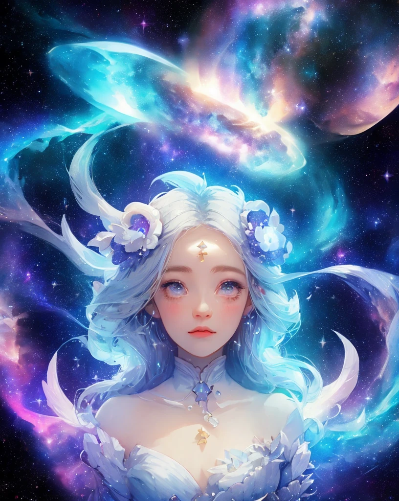 celestial goddess, floating, clouds,galaxy,nebula