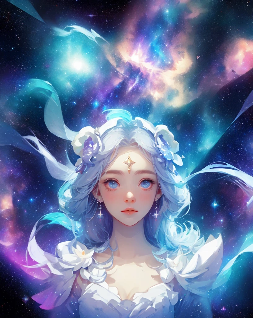 celestial goddess, floating, clouds,galaxy,nebula