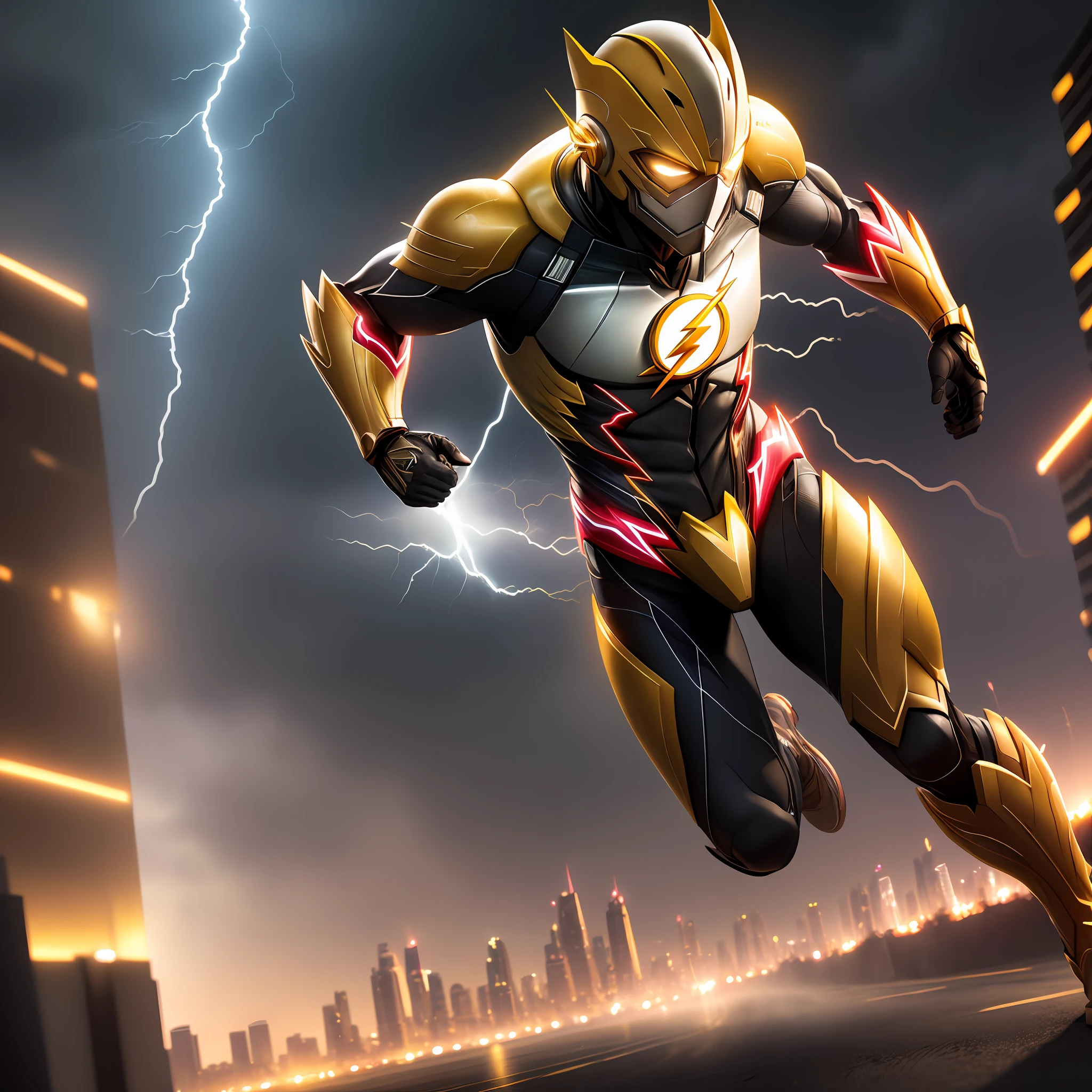 the flash , yellow armor, invoked mask, running, in the background a city, lightning in the sky, ultra details, ultra realistic, cinematic , octane render, 16k