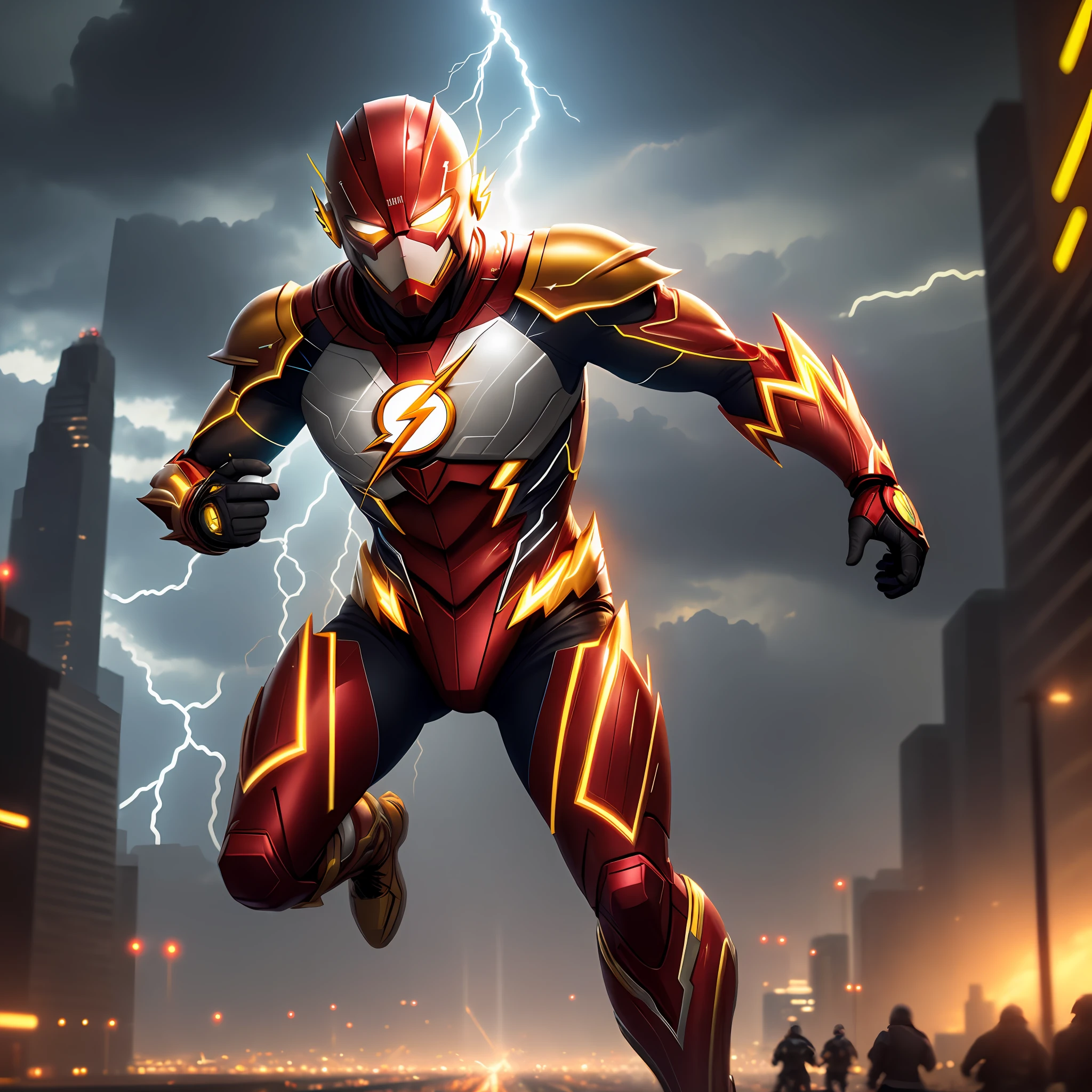 the flash ,  yellow armor, invoked mask, running, in the background a city, lightning in the sky, ultra details, ultra realistic, cinematic , octane render, 16k