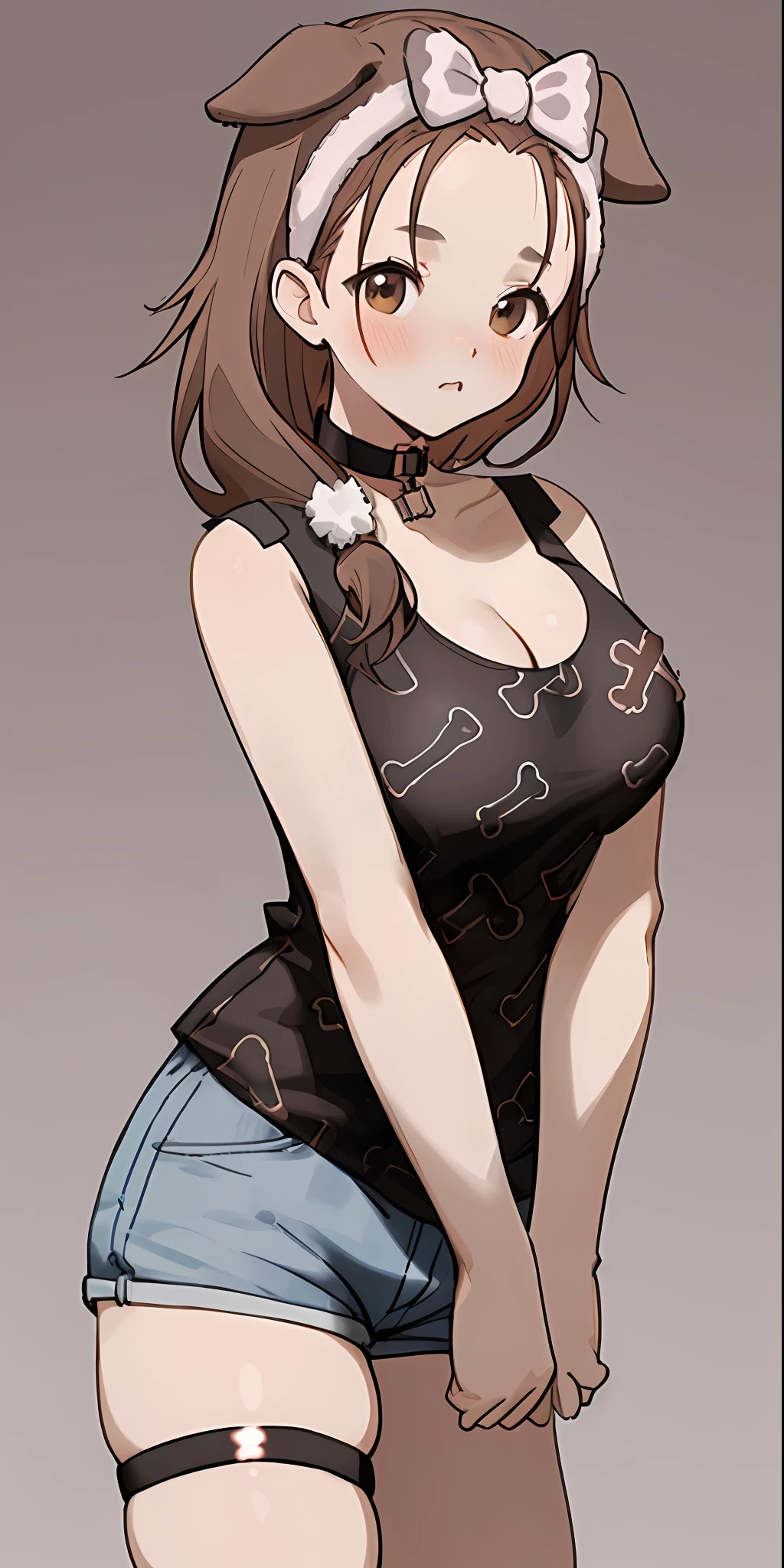 ik3, black shirt, animal ears, brown hair, forehead, bow hairband, cleavage, black choker, medium breasts, thigh strap, print shirt, sleeveless shirt, short shorts, gigantic breast